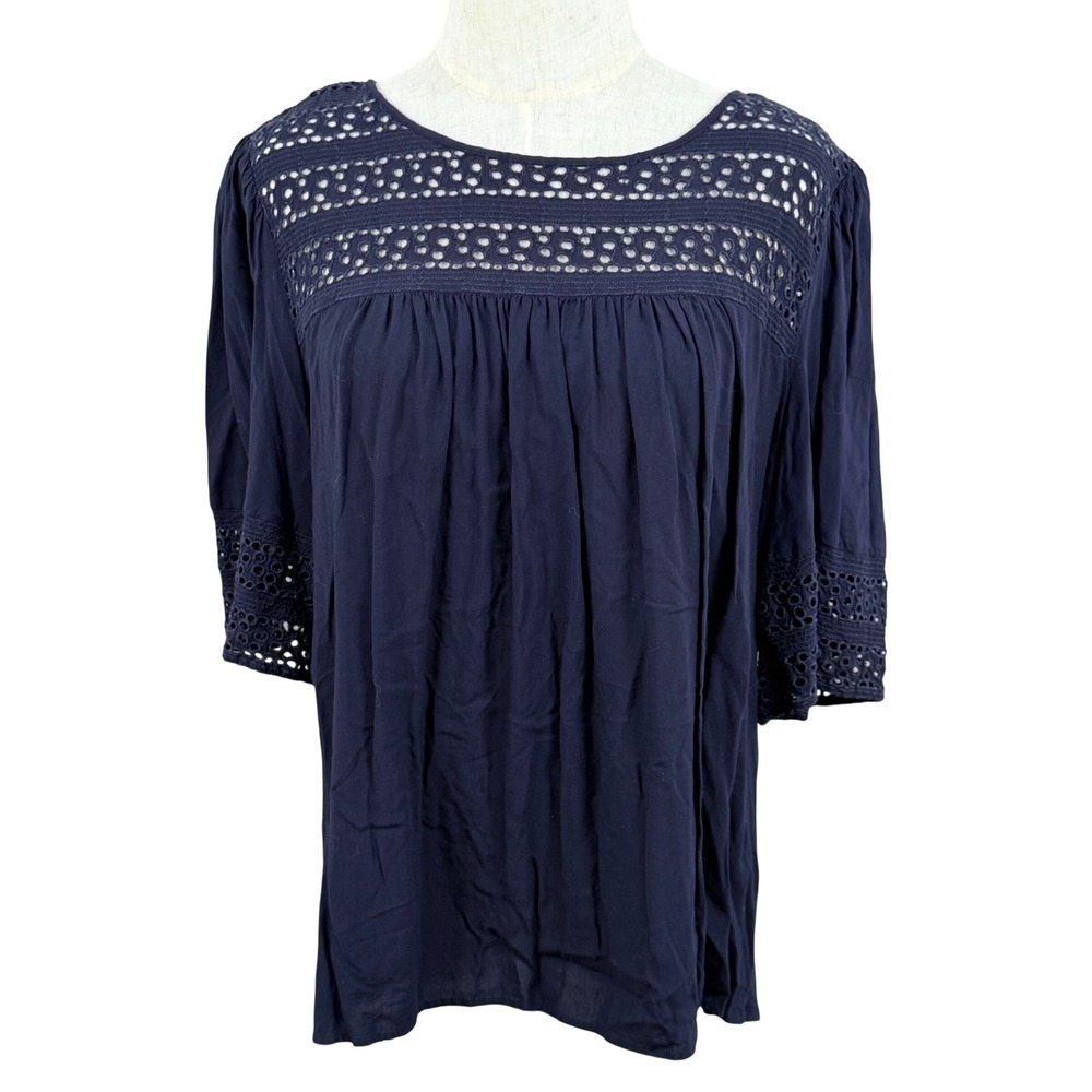 LOFT M Blouse Navy Blue Eyelet Crochet Lace Boho‎ Peasant Top Coastal Feminine